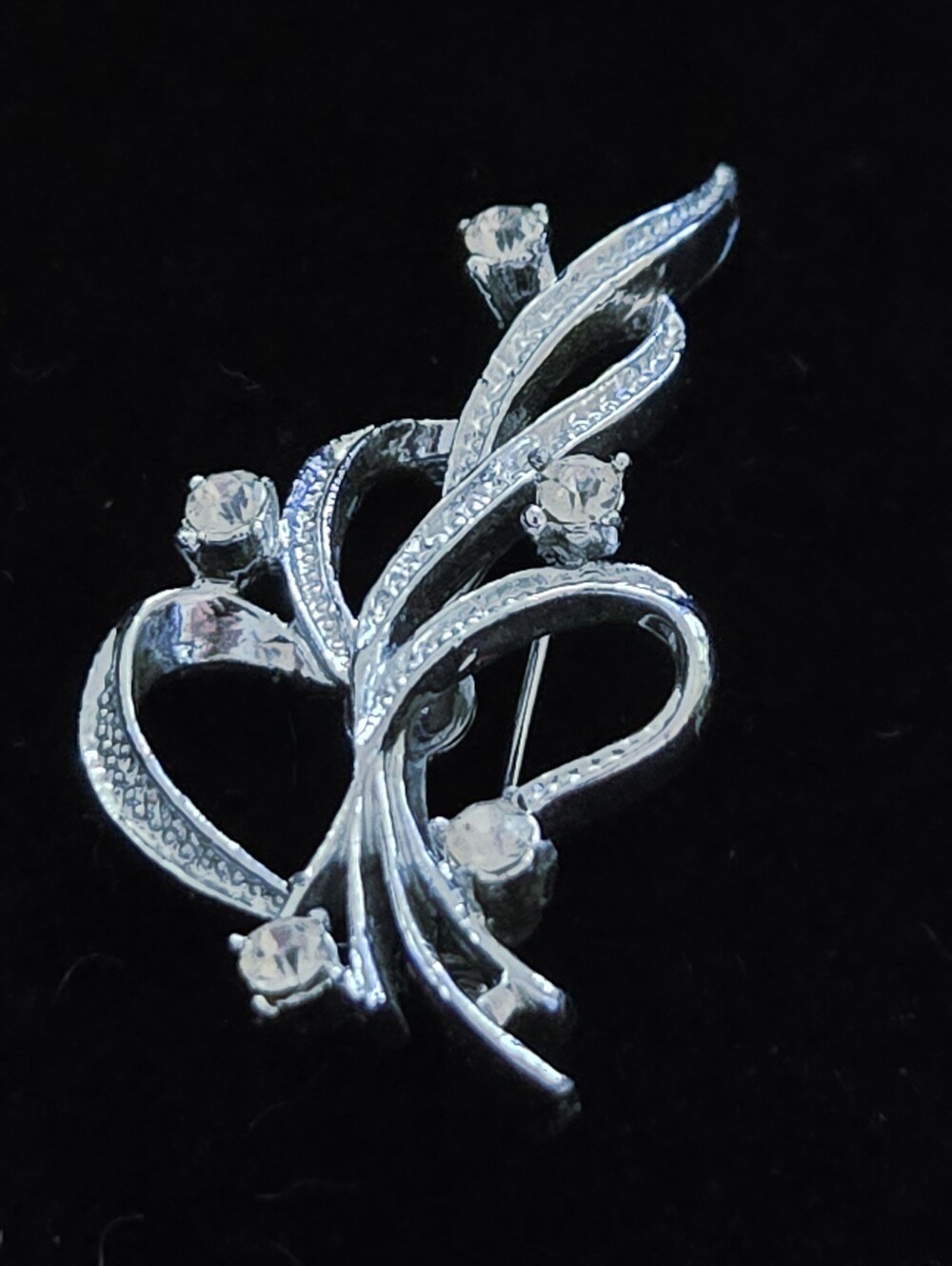 Vintage Silver Floral Ribbon Brooch  By Gerrys with Clear Stones - Women Jewelry